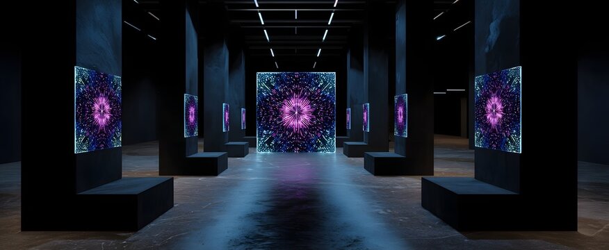A futuristic gallery beams immersive nft artwork like a digital comet on blockchain technology. - Powered by Adobe
