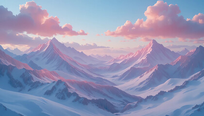 Fototapeta premium fairy tale pastel mountains with smooth soft curves, glowing clouds, pink and baby