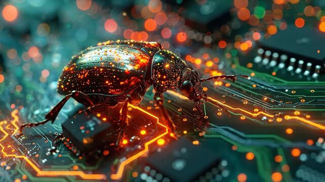 A glowing cyber bug crawling on a computer circuit board, symbolizing a digital virus, malware infection, or software vulnerability