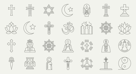 Collection of religious symbols representing various faiths and spiritual beliefs worldwide