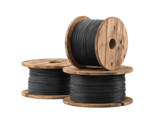 Industrial wooden spools with black electrical cables, essential for power transmission, data communication, and modern infrastructure development