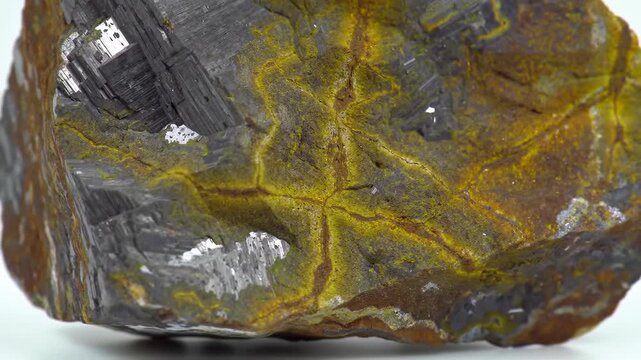 A detailed macro shot of a mineral specimen featuring metallic black and yellow veins, set against a clean white backdrop, ideal for geological studies.