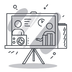 Education Presentation Screen On Tripod With Two People Icons And Clock Graphic In White Doodle Style On White Background