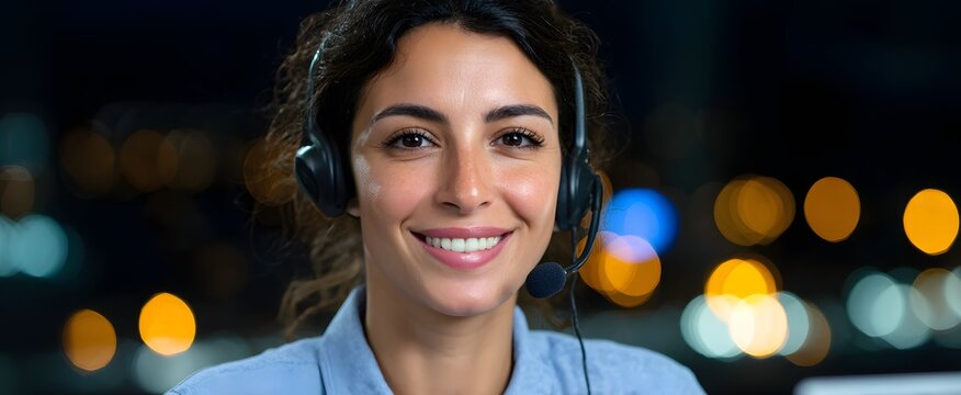 Female call center agent radiates warmth and confidence wearing headset.