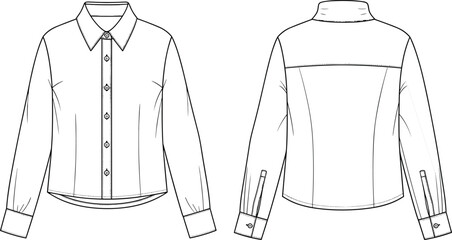 Detailed long-sleeve button-down shirt flat sketch featuring structured collar, tailored seams, back yoke, cuff details, and professional apparel design technical illustration template