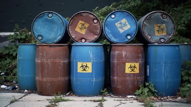 Several blue and brown barrels featuring biohazard symbols, stacked outdoors with concrete platform and foliage in the background.