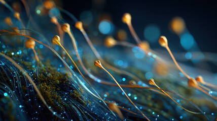 Macro Photography Organic Structures With Water Droplets On Golden Filaments Blue Background Natural Detail Botanical Closeup Art