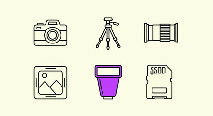 Camera equipment icons digital camera tripod lens flash sd card