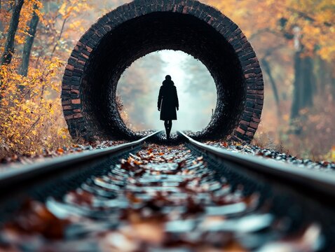 A lone figure walks down a set of railroad tracks towards a dark, brick tunnel entrance surrounded by autumn foliage. - Powered by Adobe