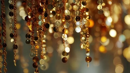 Golden bokeh lights and shiny metal sequin chains hanging abstract - Powered by Adobe