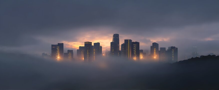 Creative minds gather against the misty urban skyline at dawn.