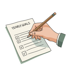 Hand writing yearly goals on checklist paper with pencil  