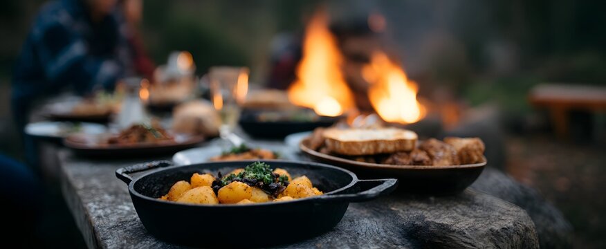Outdoor gathering savoring vegan dishes like fireflies dancing by crackling flames