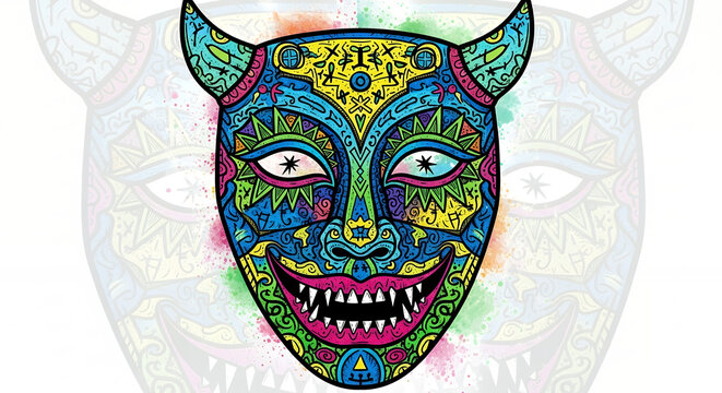 Vibrant ethnic art mask with horns and abstract patterns design