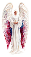 Obraz premium Watercolor majestic angel with large feathered wings, wearing a white robe