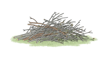 Pile of pruned branches resting on green grass in outdoor setting  