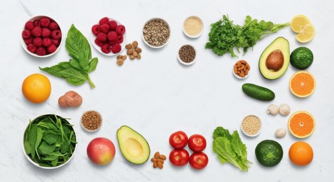 Top view: Healthy fresh fruits, vegetables, nuts, and seeds arranged as a nutritious food frame on white. Superfood ingredients for a balanced diet, copy space.