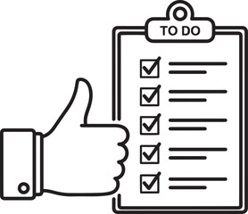 Black and white illustration of a thumbs up hand next to a to do list checklist approval