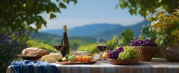 Naklejka premium Sunshine heats a vineyard table loaded with fresh eats and wine bottles