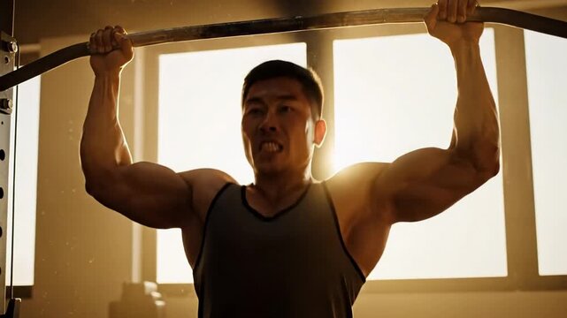 Asian male lifting weights, determination and focus in gym, early morning workout with sunlight streaming through window, motivation and strength training