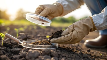 Scientist examining soil sample for pests in sunlight, ensuring healthy crop growth for sustainable farming and environmental protection in agriculture