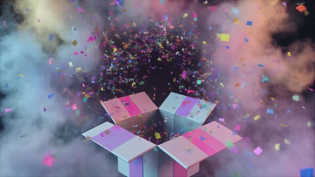 Colorful Boxes Exploding in Smoke with Confetti