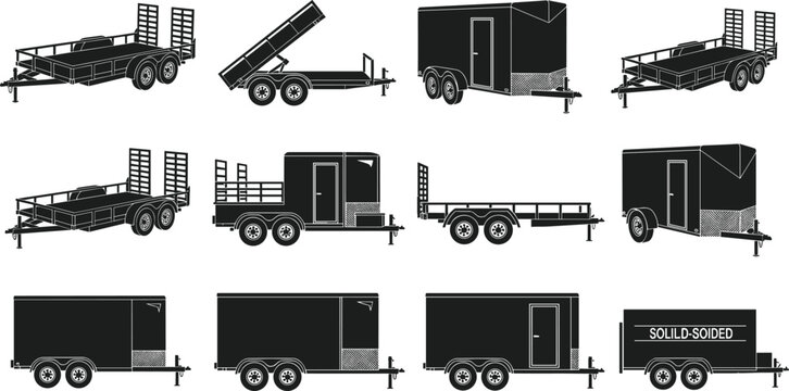 Vector silhouette collection of utility trailers, cargo transport, towing equipment, open flatbed, enclosed box, dump trailer, black icons isolated on white background.