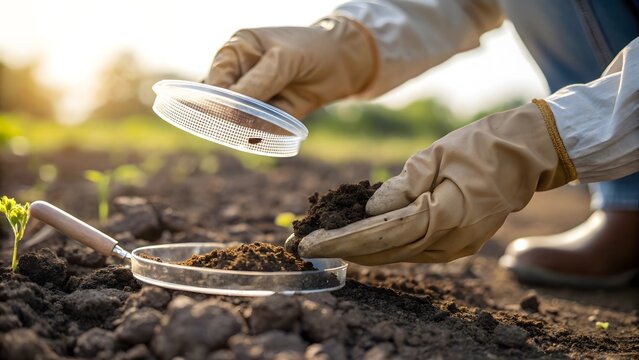 Scientist examining soil sample for pests in sunlight, ensuring healthy crop growth for sustainable farming and environmental protection in agriculture - Powered by Adobe