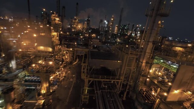 Night FPV drone glides aerial over massive industrial stacks, metal pipes and tanks with glowing flares and smoke.