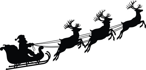 Santa claus in sleigh with reindeer silhouette flying