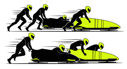 Dynamic bobsled team racing with speed, showcasing teamwork and determination for sports marketing, symbolizing winter games competition and athletic prowess