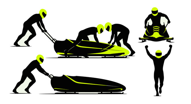 Dynamic bobsleigh team pushing for victory in winter games, celebrating win with modern neon accents, ideal for sports branding and advertising campaigns