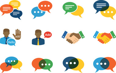 Collection of communication and business icons speech bubbles handshakes chat conversation