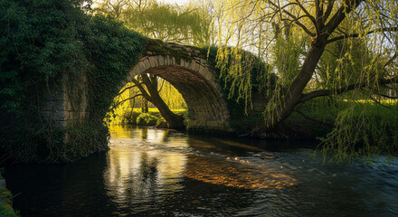 Old moss-covered stone arch bridge over a calm river surrounded by lush green trees in golden sunlight