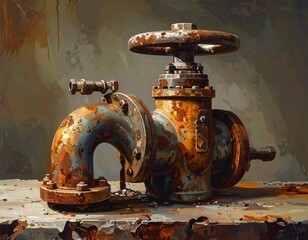 Artistic depiction of a vintage rusted industrial valve with visible corrosion elements