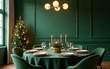 Christmas Eve Dinner: Elegant Green Dining Room Mockup. High quality