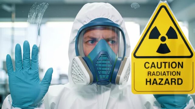 Man in white protective suit and gas mask stands behind glass with a yellow radiation hazard sign in a laboratory environment. Safety and precaution measures are evident.
