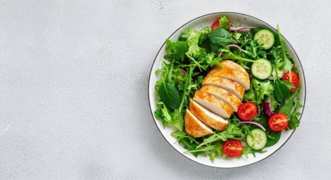 Healthy grilled chicken salad with fresh mixed greens, sliced cucumber, cherry tomatoes, and onion. Protein-rich lunch, dinner meal, top view.