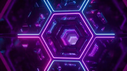 Abstract hexagon tunnel with neon lights glowing in purple and blue dark background - Powered by Adobe