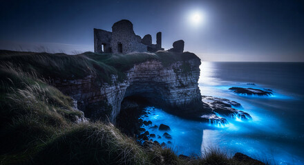 Eerie ruined castle on a seaside cliff overlooking the ocean with bioluminescent blue waves under a full moon at night