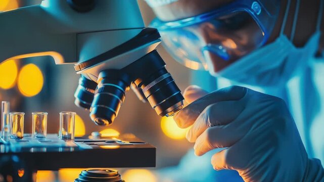 Video Close-up of a scientist studying tiny organisms under the microscope, suitable for medical or scientific s