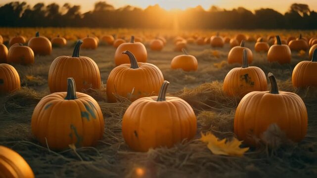 A cinematic shot of a pumpkin patch during the golden hour
