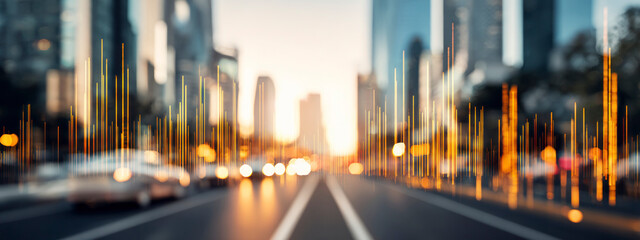 Golden bar chart over city traffic at sunset, symbolizing business growth, finance success, and urban data analytics concept. banner