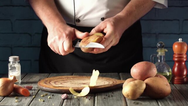 A chef skillfully peels a potato with a knife in a cozy kitchen. Various potatoes and cooking tools surround him on a wooden table. The scene captures the essence of meal preparation.