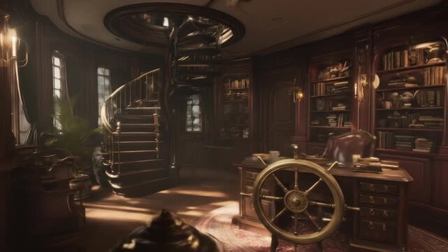 A luxurious study with a spiral staircase, a ship's wheel, and dark wooden furniture