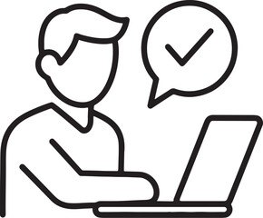 Person at laptop with checkmark in speech bubble icon computer