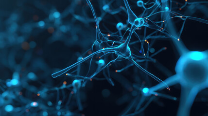 Three Dimensional Neural Network Visualization With Glowing Blue Synapses And Dendrites Creating Complex Biological Digital Structure
