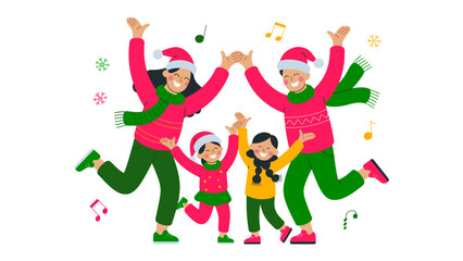 Joyful Christmas Family Dance: A vibrant illustration capturing a family in Christmas attire, joyfully dancing amidst festive elements, embodying the spirit of celebration and togetherness.