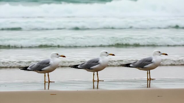 Three seagulls standing in a line on a sandy beach with ocean waves rolling in the background under an overcast sky