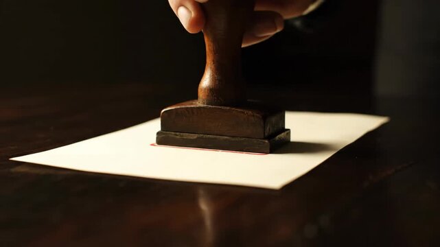 Hand stamping unpaid on paper document on wooden desk with red ink